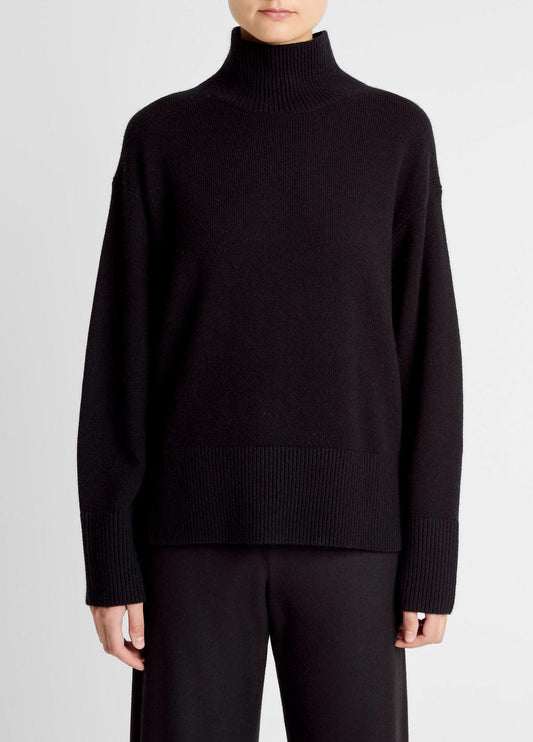 Wool-Cashmere Side-Slit Turtleneck Sweater in Turtleneck BLACK | VINCE Women