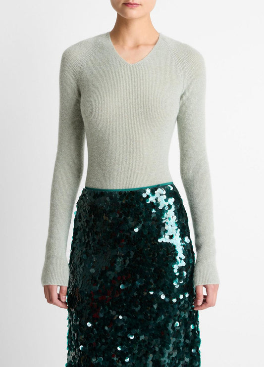 Metallic Ribbed High V-Neck Sweater in V-Neck LIGHT ALOE STONE METALLIC | VINCE Women