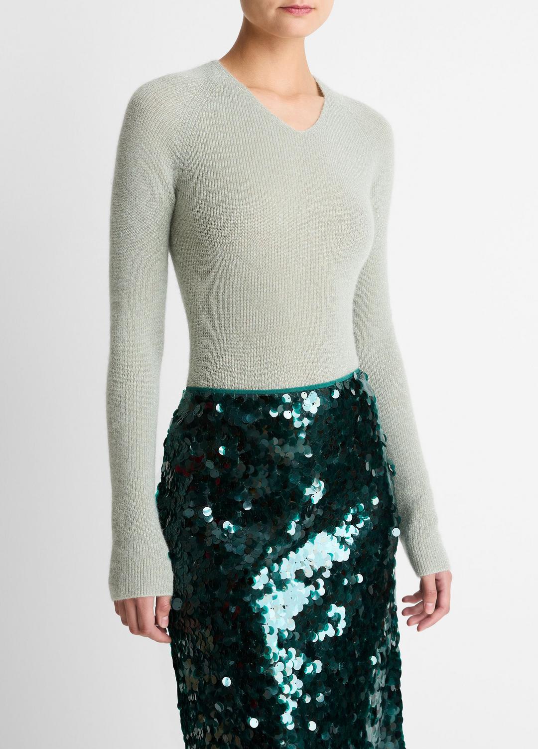 Metallic Ribbed High V-Neck Sweater in V-Neck LIGHT ALOE STONE METALLIC | VINCE Women