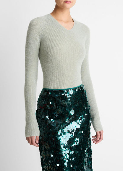 Metallic Ribbed High V-Neck Sweater in V-Neck LIGHT ALOE STONE METALLIC | VINCE Women