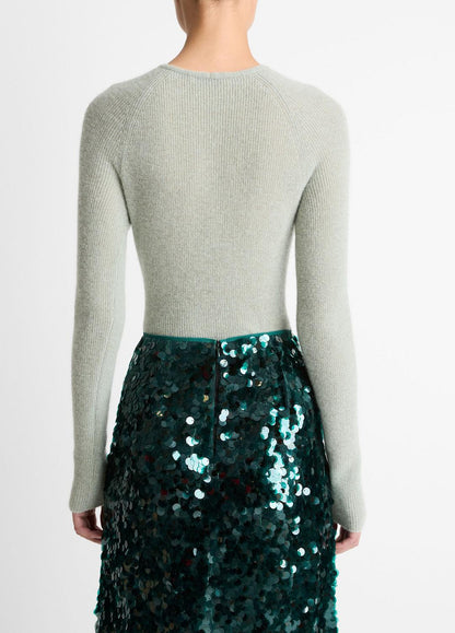 Metallic Ribbed High V-Neck Sweater in V-Neck LIGHT ALOE STONE METALLIC | VINCE Women