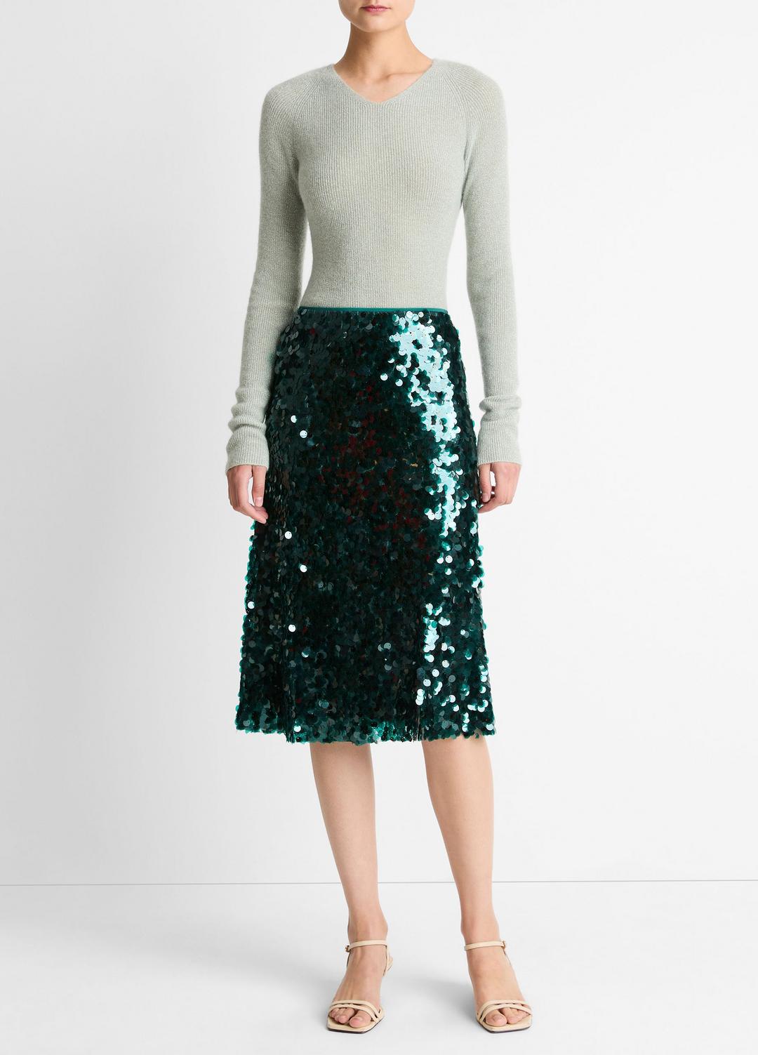 Metallic Ribbed High V-Neck Sweater in V-Neck LIGHT ALOE STONE METALLIC | VINCE Women