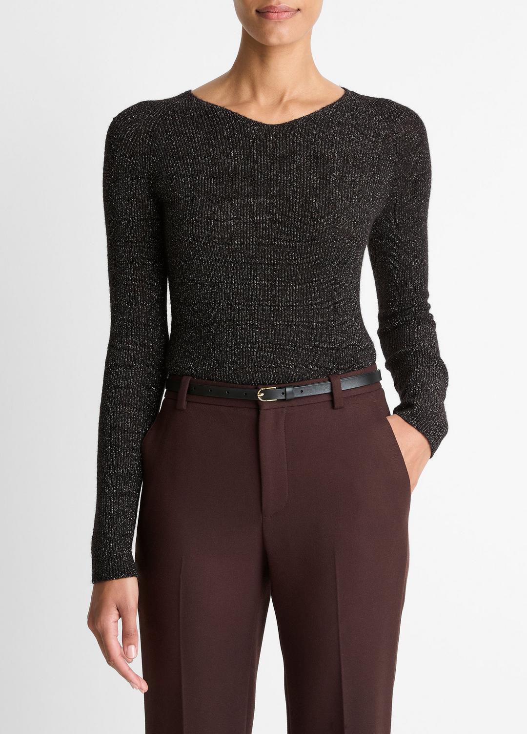 Metallic Ribbed High V-Neck Sweater in V-Neck BLACK METALLIC | VINCE Women