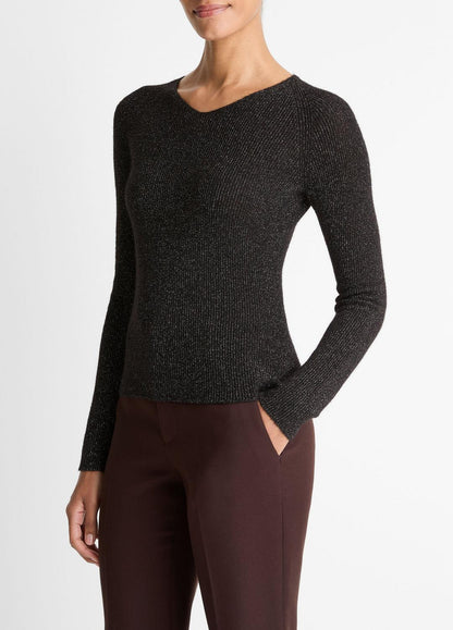 Metallic Ribbed High V-Neck Sweater in V-Neck BLACK METALLIC | VINCE Women