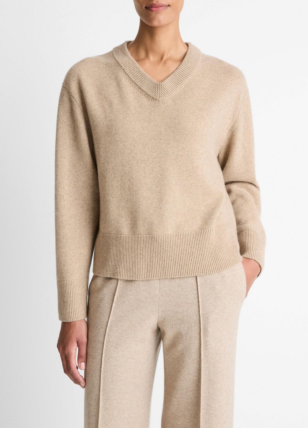 Wool-Cashmere V-Neck Sweater in V-Neck HEATHER MARZIPAN | VINCE Women