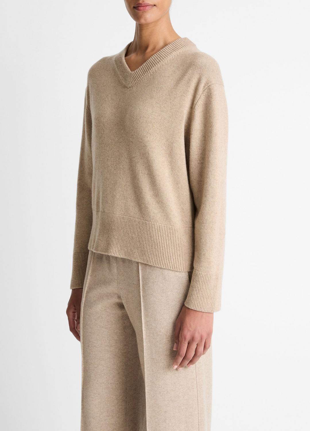 Wool-Cashmere V-Neck Sweater in V-Neck HEATHER MARZIPAN | VINCE Women