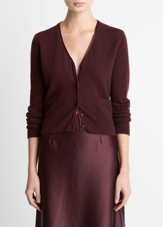 Satin-Trim Wool & Cashmere-Blend Cardigan in Cardigans OXBLOOD | VINCE Women
