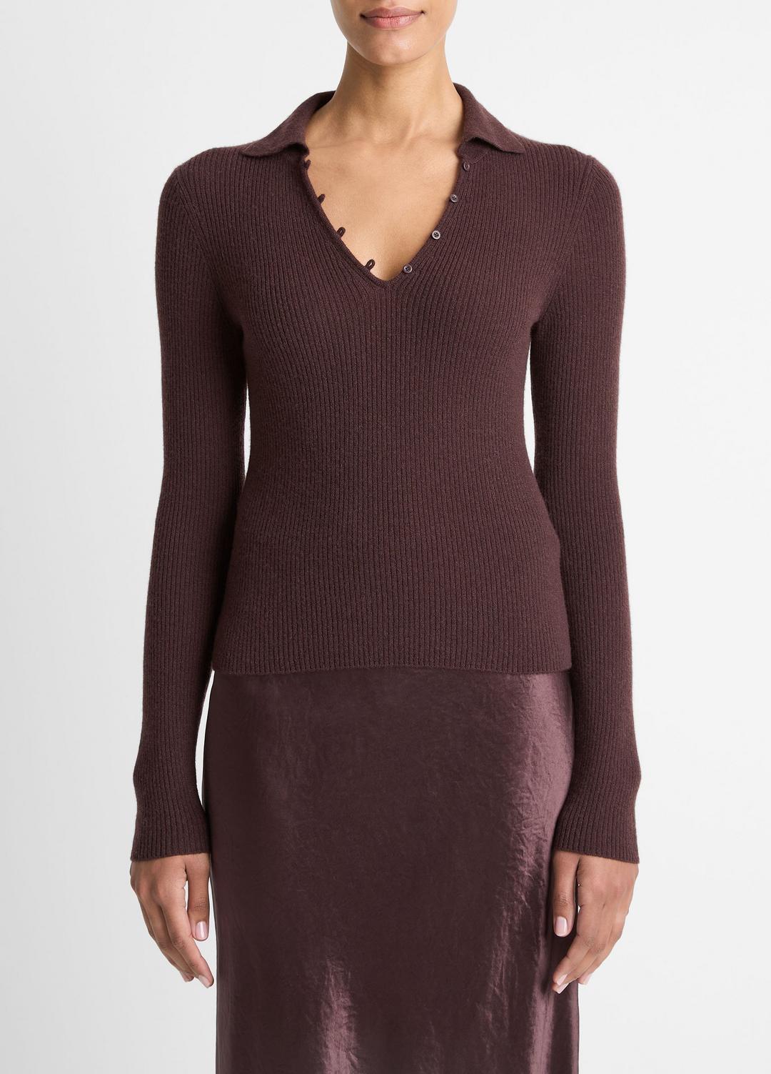 Ribbed Cashmere-Silk Polo Sweater in Cashmere FIG | VINCE Women
