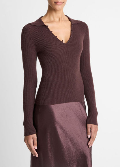 Ribbed Cashmere-Silk Polo Sweater in Cashmere FIG | VINCE Women