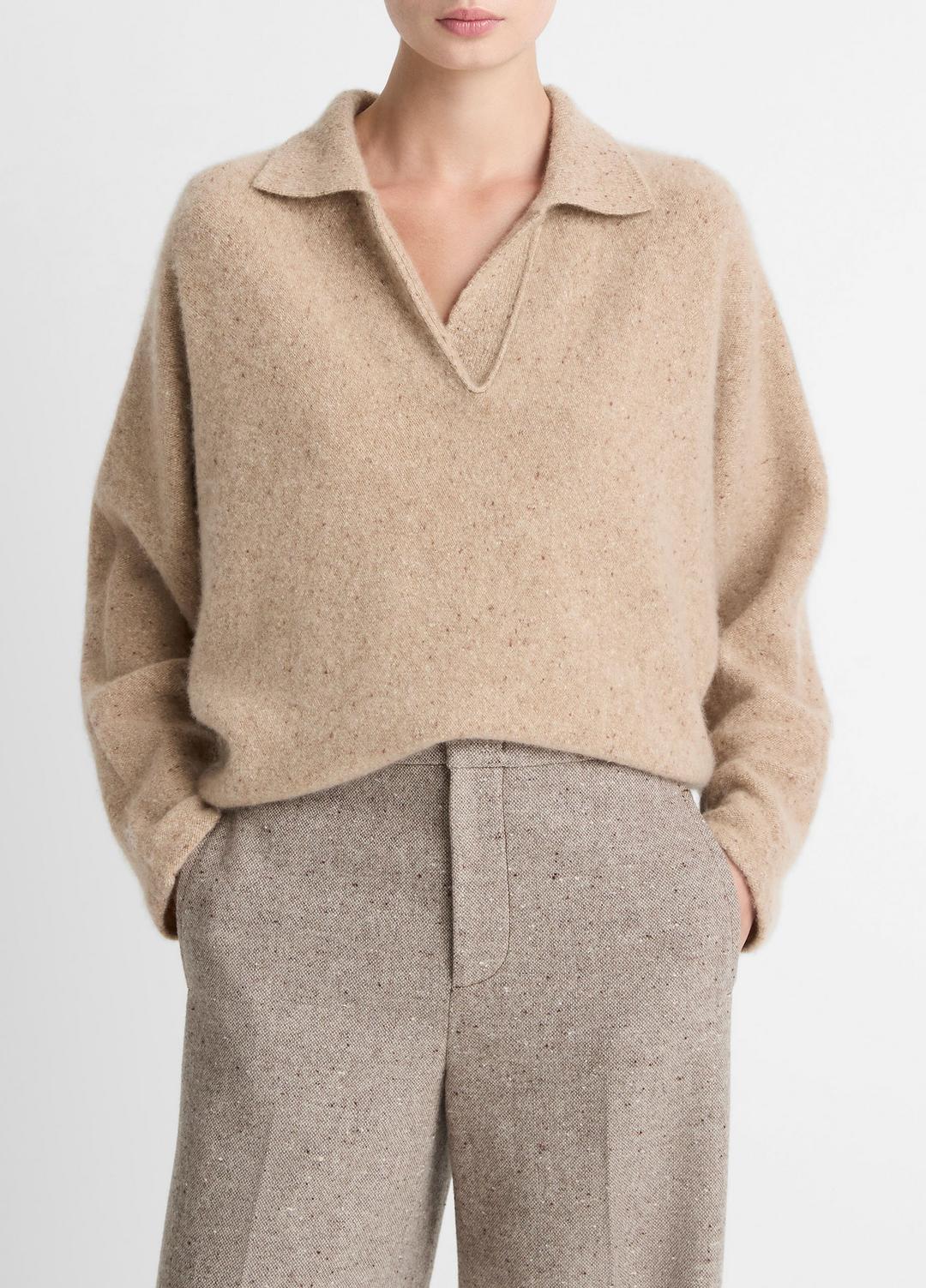 Donegal Plush Cashmere Dolman-Sleeve Polo Sweater in Cashmere HEATHER OAT DONEGAL | VINCE Women