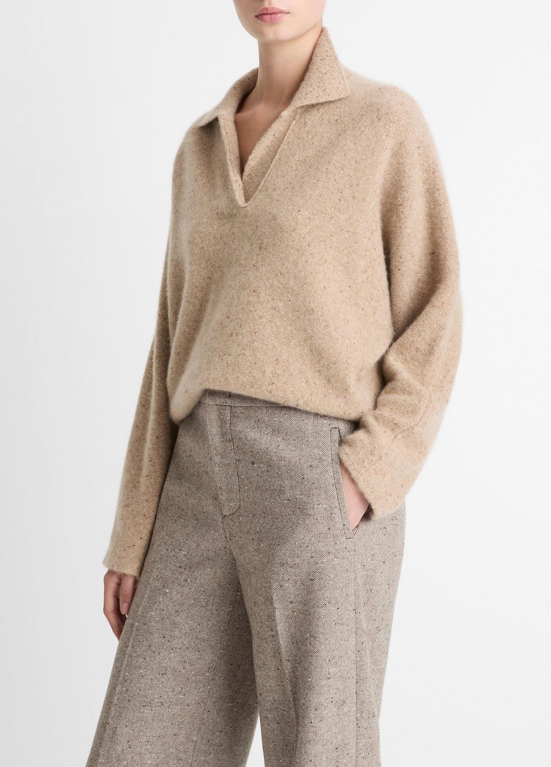 Donegal Plush Cashmere Dolman-Sleeve Polo Sweater in Cashmere HEATHER OAT DONEGAL | VINCE Women