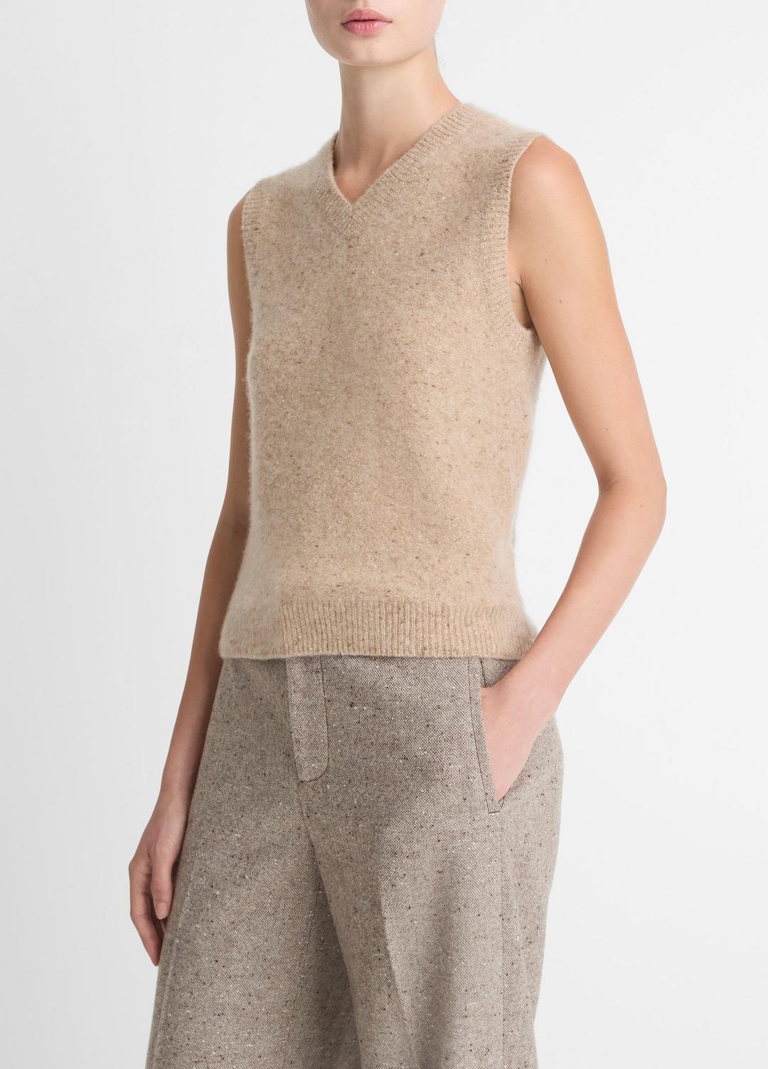 Donegal Plush Cashmere Sweater Vest in V-Neck HEATHER OAT DONEGAL | VINCE Women