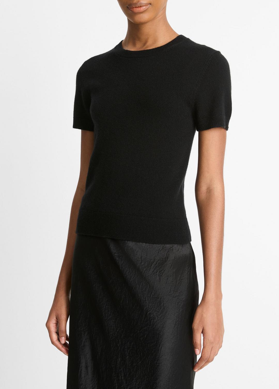 Wool & Cashmere-Blend Short-Sleeve Sweater in Crew Neck BLACK | VINCE Women