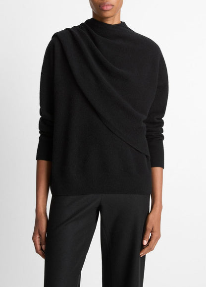 Draped-Shawl Wool-Cashmere Sweater in Turtleneck BLACK | VINCE Women