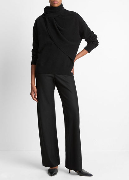 Draped-Shawl Wool-Cashmere Sweater in Turtleneck BLACK | VINCE Women