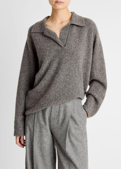 Donegal Plush Cashmere Dolman-Sleeve Polo Sweater in Cashmere MEDIUM HEATHER GREY DONEGAL | VINCE Women