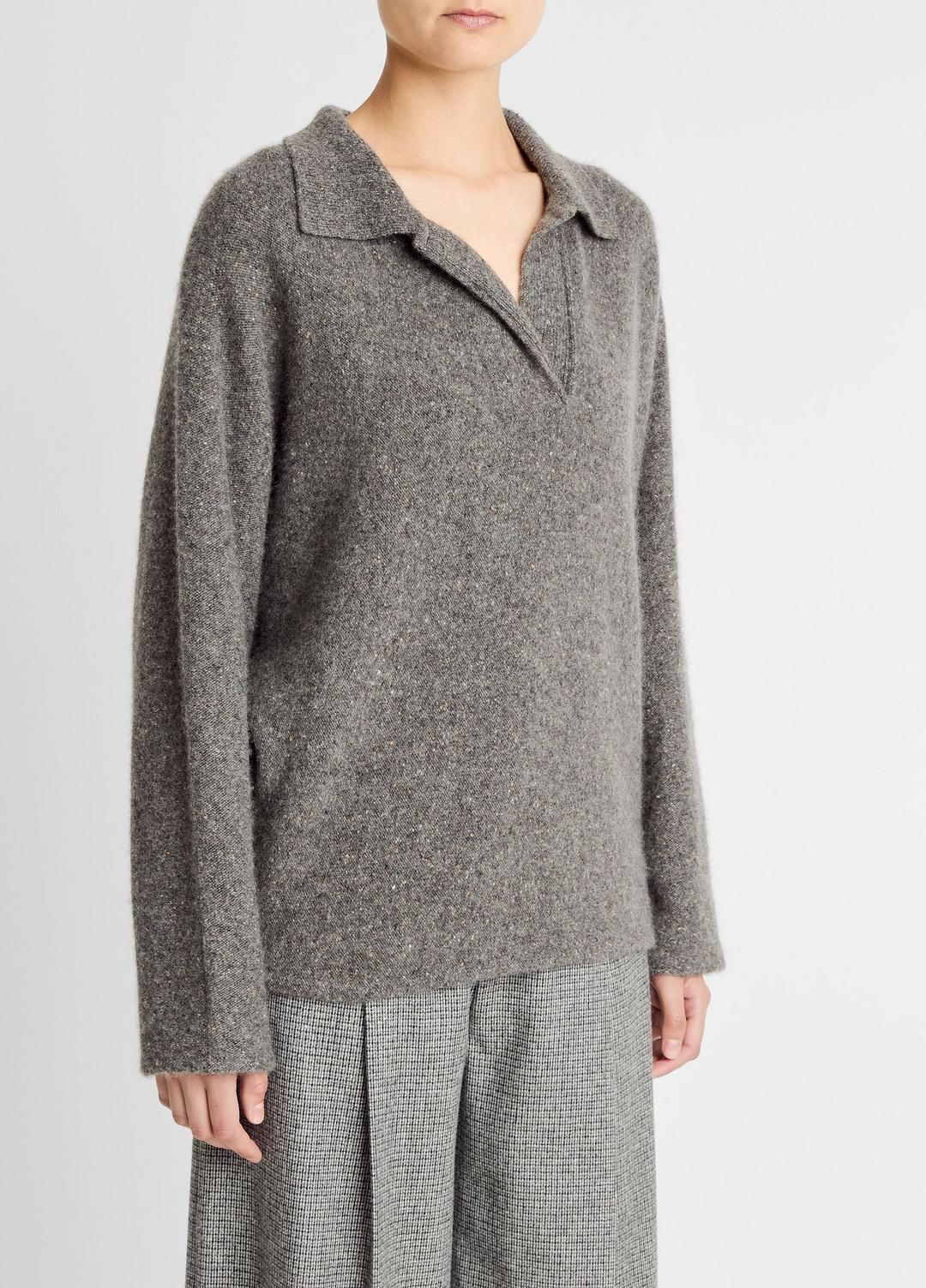 Donegal Plush Cashmere Dolman-Sleeve Polo Sweater in Cashmere MEDIUM HEATHER GREY DONEGAL | VINCE Women