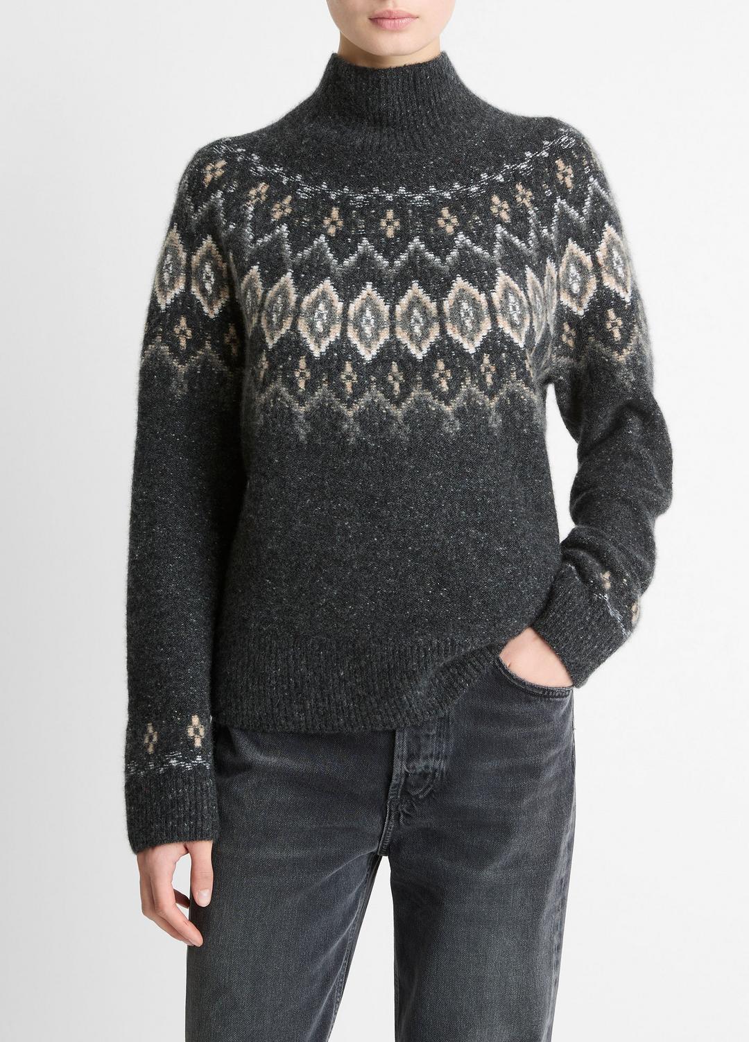 Fair Isle Donegal Cashmere Turtleneck Sweater in Turtleneck HEATHER CHARCOAL COMBO | VINCE Women
