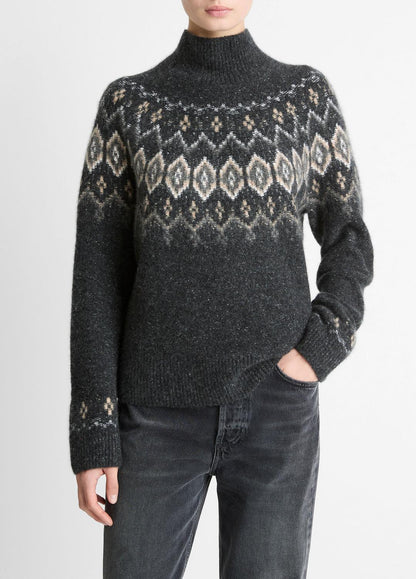 Fair Isle Donegal Cashmere Turtleneck Sweater in Turtleneck HEATHER CHARCOAL COMBO | VINCE Women