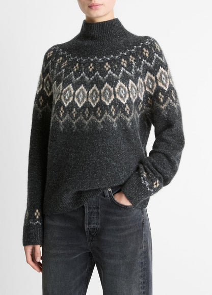Fair Isle Donegal Cashmere Turtleneck Sweater in Turtleneck HEATHER CHARCOAL COMBO | VINCE Women