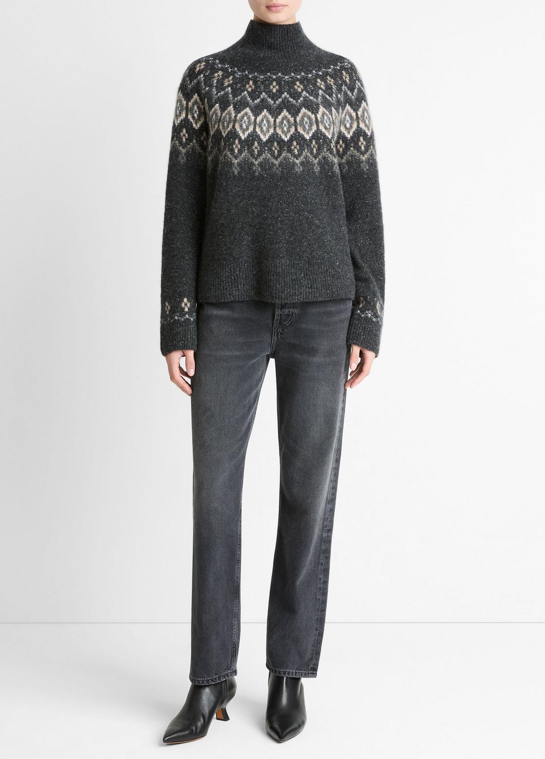 Fair Isle Donegal Cashmere Turtleneck Sweater in Turtleneck HEATHER CHARCOAL COMBO | VINCE Women