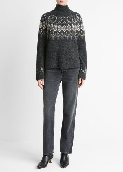 Fair Isle Donegal Cashmere Turtleneck Sweater in Turtleneck HEATHER CHARCOAL COMBO | VINCE Women