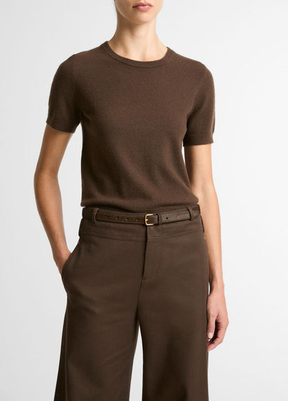 Wool & Cashmere-Blend Short-Sleeve Sweater in Crew Neck DARK BARK | VINCE Women
