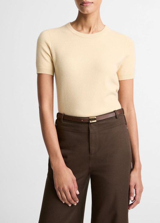 Wool & Cashmere-Blend Short-Sleeve Sweater in Crew Neck CHAMOMILE | VINCE Women
