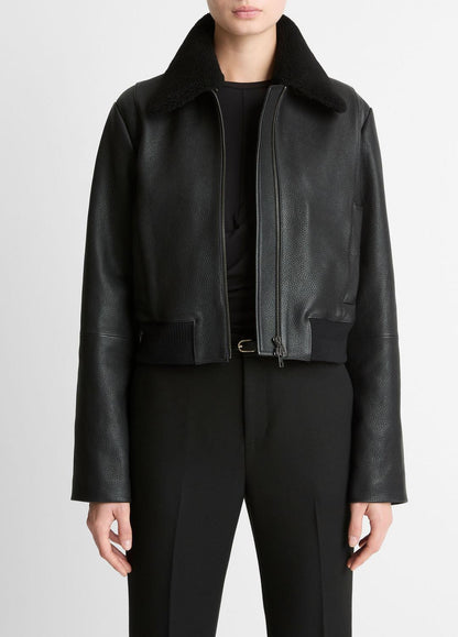 Shearling-Trim Shrunken Leather Jacket in Leather Jackets BLACK | VINCE Women