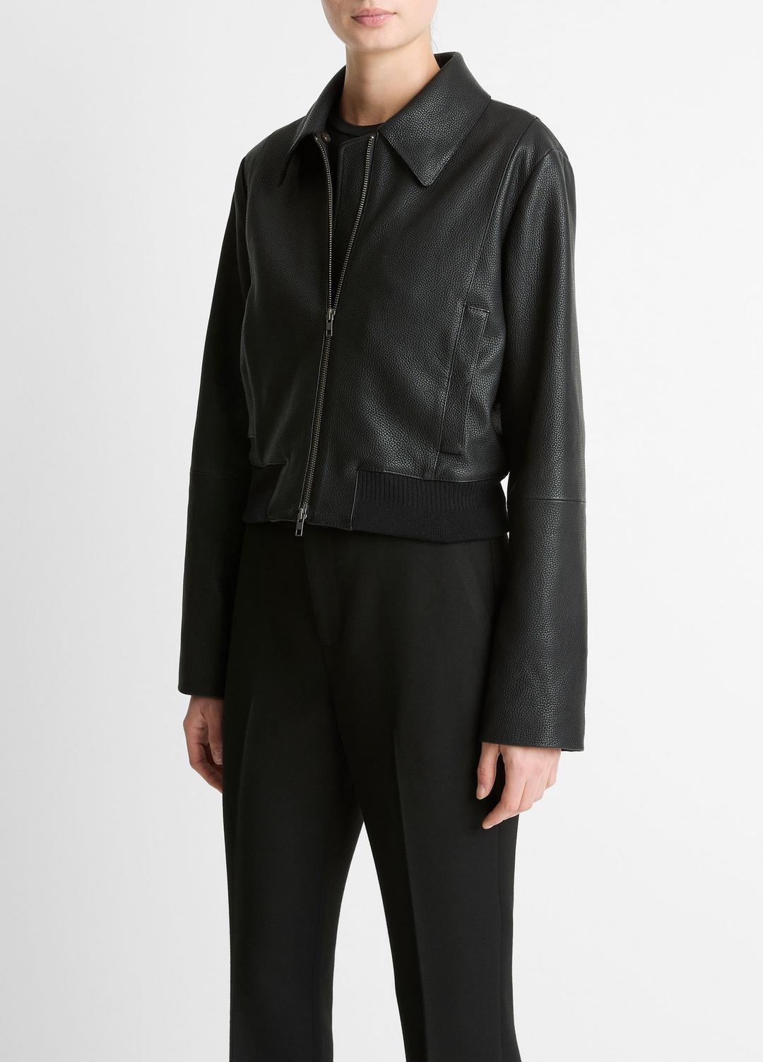 Shearling-Trim Shrunken Leather Jacket in Leather Jackets BLACK | VINCE Women