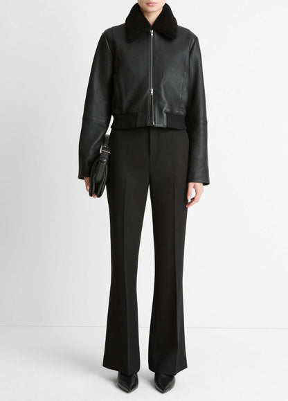 Shearling-Trim Shrunken Leather Jacket in Leather Jackets BLACK | VINCE Women