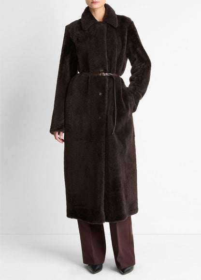 Shearling Long Coat in Coats DARK UMBER | VINCE Women