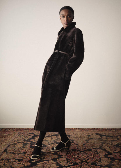 Shearling Long Coat in Coats DARK UMBER | VINCE Women