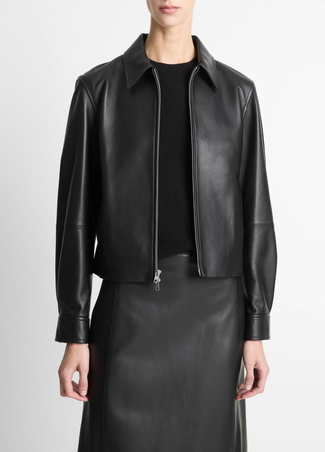 Leather Cropped Zip-Front Jacket in Jackets BLACK | VINCE Women