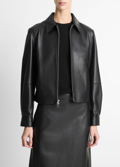 Leather Cropped Zip-Front Jacket in Jackets BLACK | VINCE Women