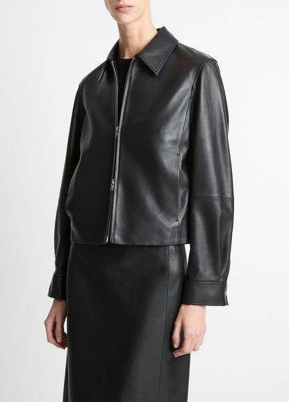 Leather Cropped Zip-Front Jacket in Jackets BLACK | VINCE Women