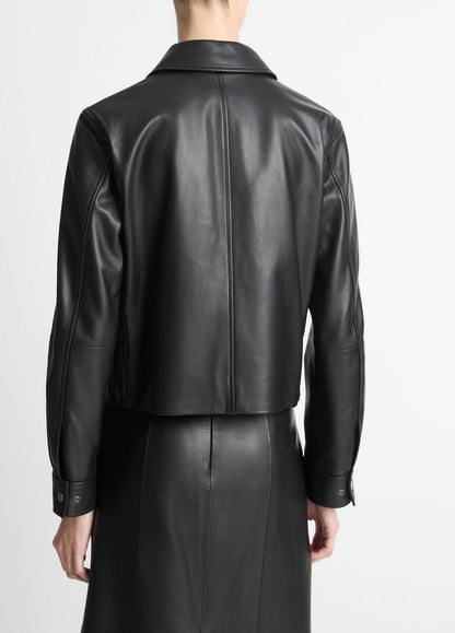 Leather Cropped Zip-Front Jacket in Jackets BLACK | VINCE Women