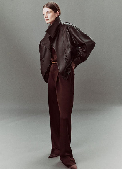 Leather Oversized Biker Jacket in Jackets DARK FIG | VINCE Women