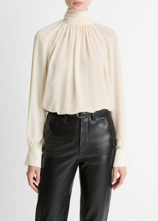 Gathered Draped-Neck Crepe Blouse in Long Sleeve CREAM | VINCE Women