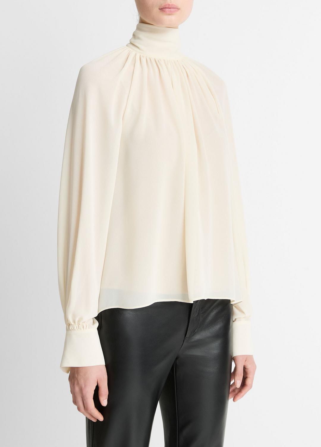 Gathered Draped-Neck Crepe Blouse in Long Sleeve CREAM | VINCE Women