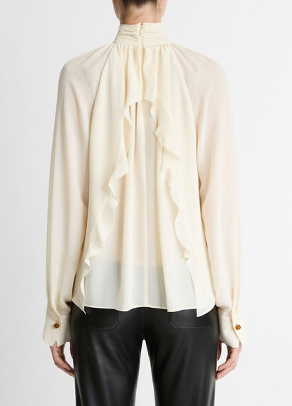 Gathered Draped-Neck Crepe Blouse in Long Sleeve CREAM | VINCE Women