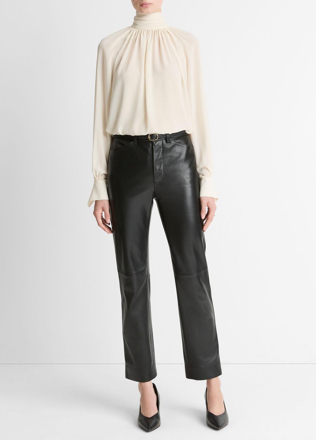 Gathered Draped-Neck Crepe Blouse in Long Sleeve CREAM | VINCE Women
