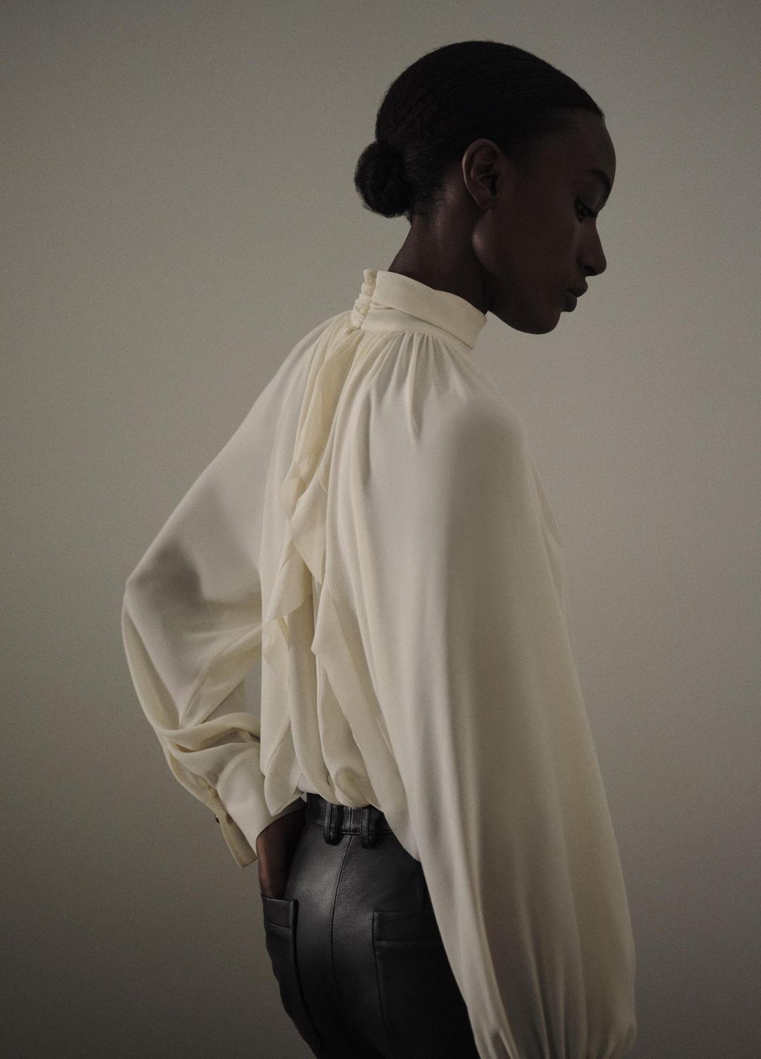 Gathered Draped-Neck Crepe Blouse in Long Sleeve CREAM | VINCE Women