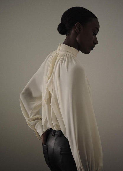Gathered Draped-Neck Crepe Blouse in Long Sleeve CREAM | VINCE Women