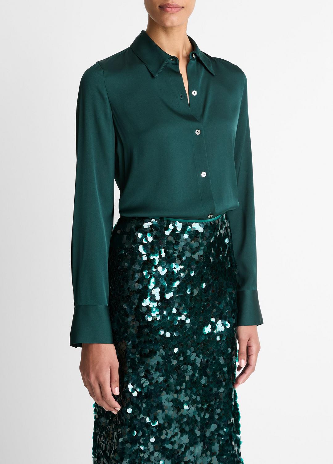 Silk-Blend Slim Button-Front Blouse in Long Sleeve JUNIPER | VINCE Women