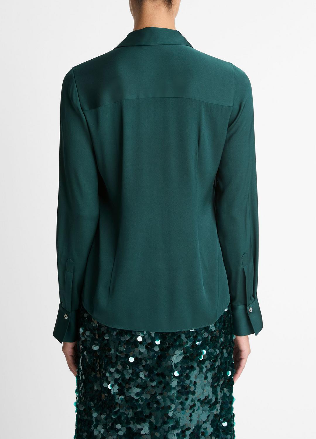 Silk-Blend Slim Button-Front Blouse in Long Sleeve JUNIPER | VINCE Women
