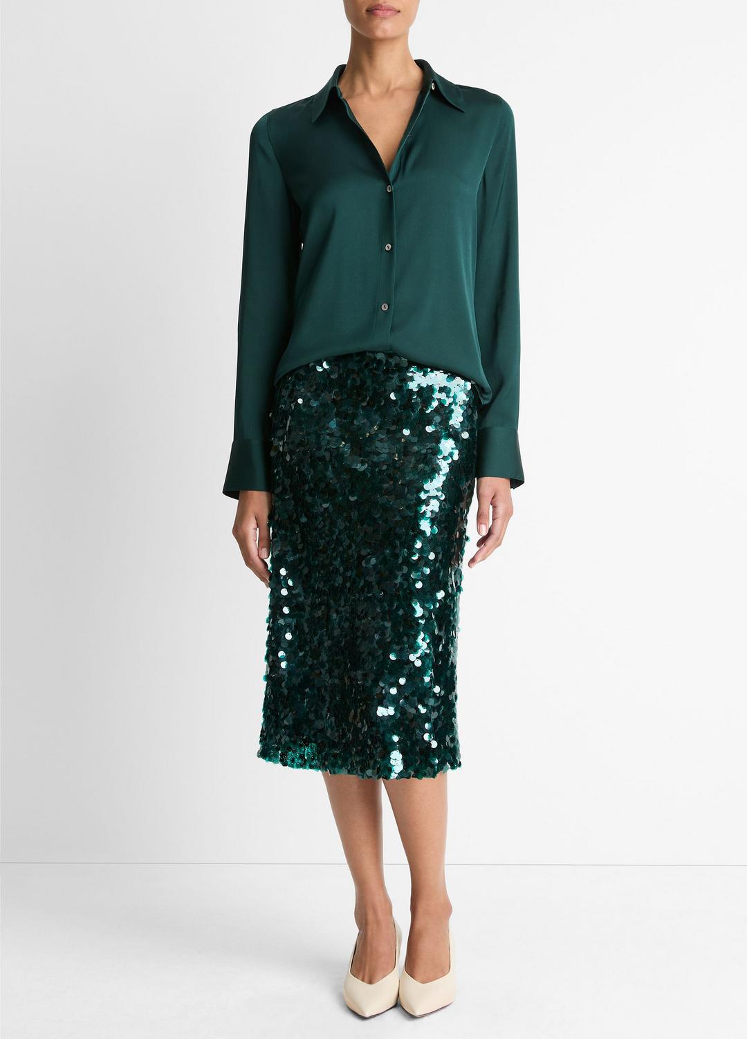 Silk-Blend Slim Button-Front Blouse in Long Sleeve JUNIPER | VINCE Women