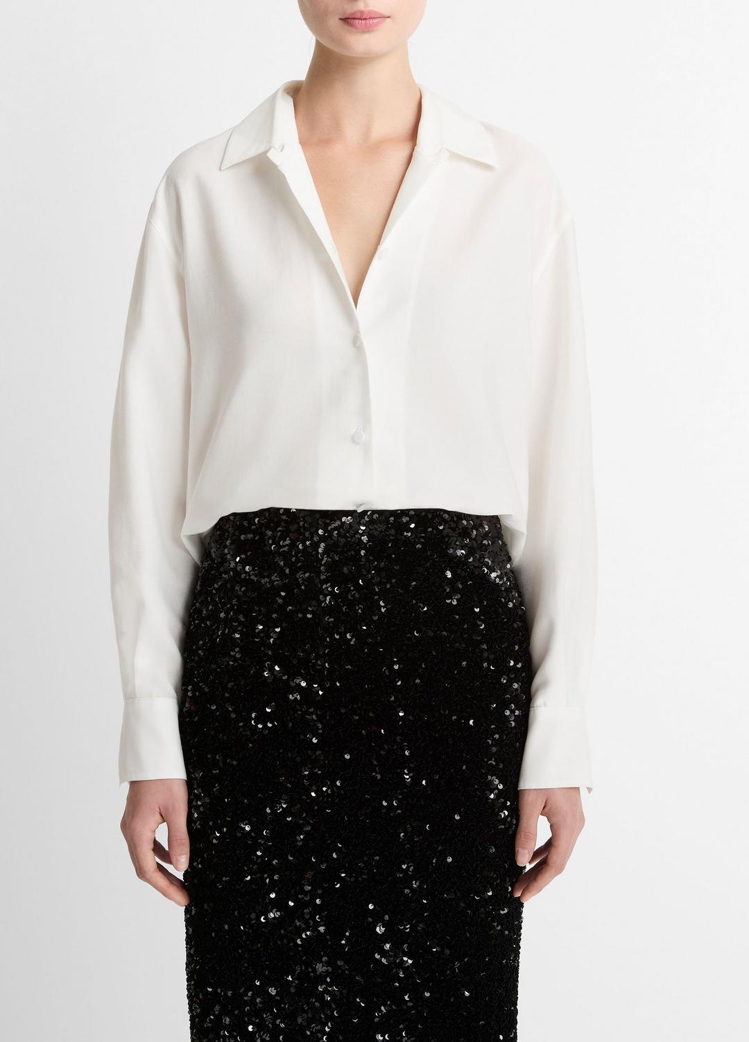 Refined Twill Covered-Button Shirt in Long Sleeve LIGHT CREAM | VINCE Women