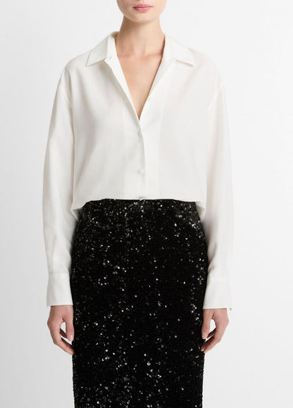 Refined Twill Covered-Button Shirt in Long Sleeve LIGHT CREAM | VINCE Women