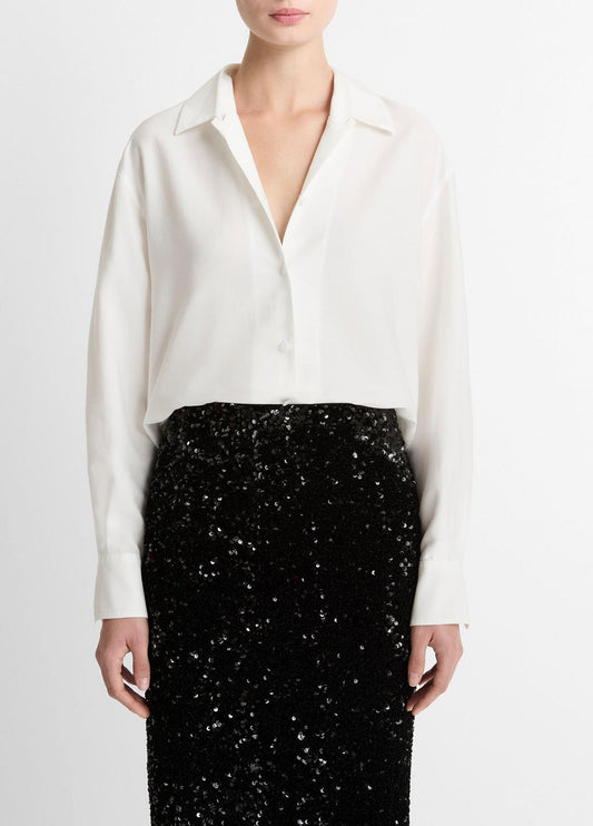 Refined Twill Covered-Button Shirt in Long Sleeve LIGHT CREAM | VINCE Women